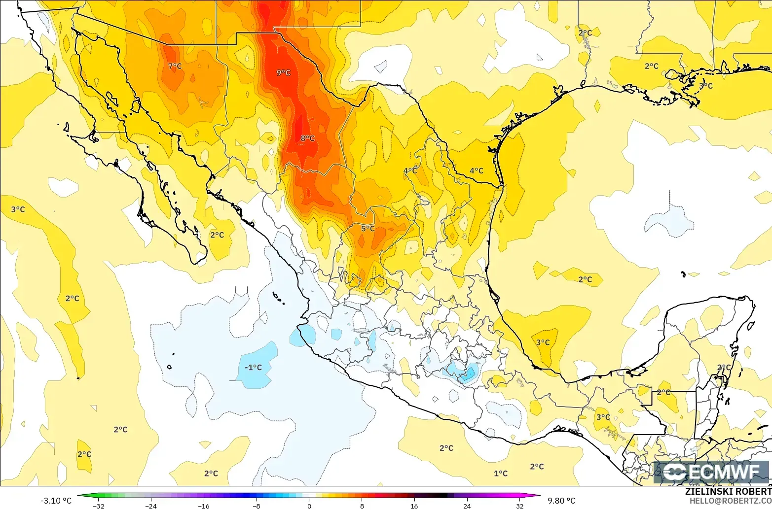 ECMWF IFS 0,25° modelo - México, Anomalia de temperatura a 850 hPa