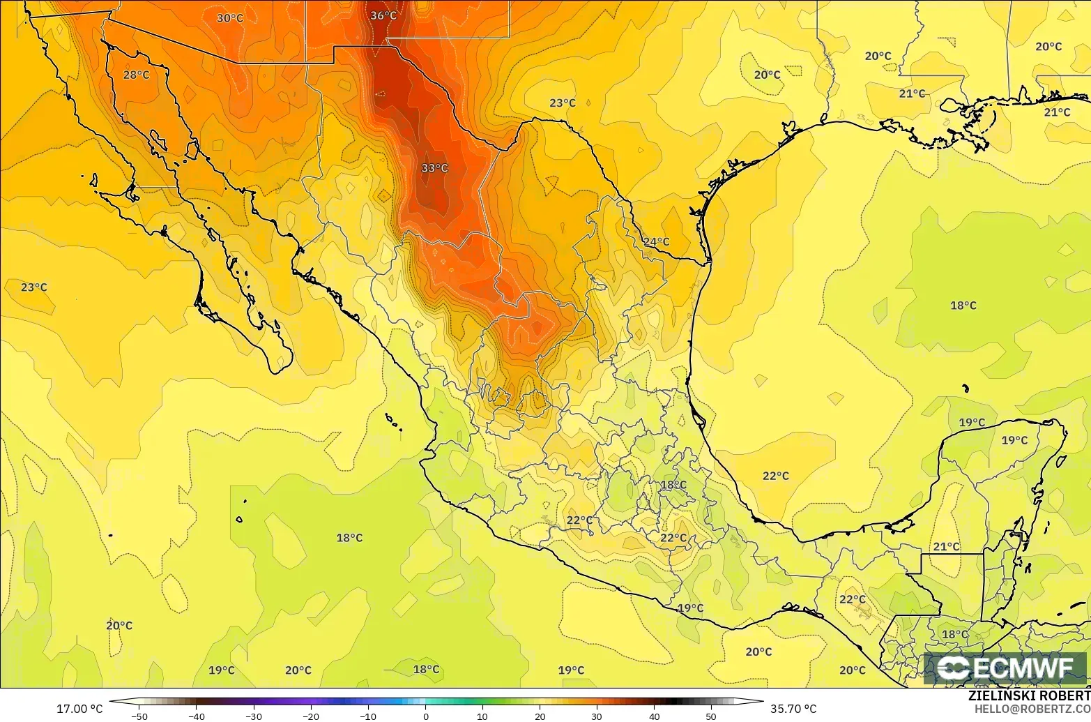 ECMWF IFS 0,25° modelo - México, Temperatura a 850 hPa