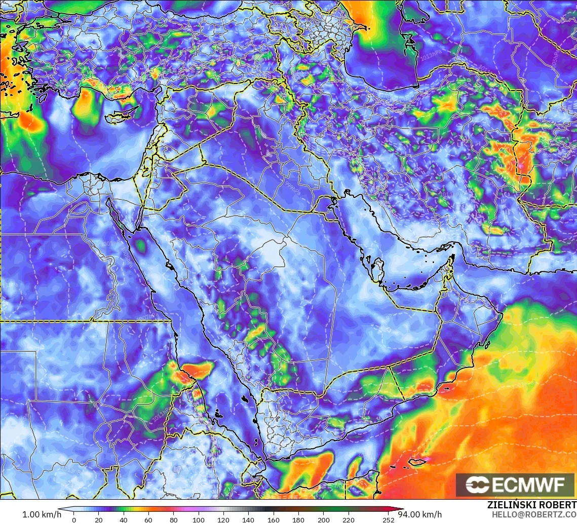 ECMWF IFS 0,25° modelo - Oriente Médio, Rajadas de vento
