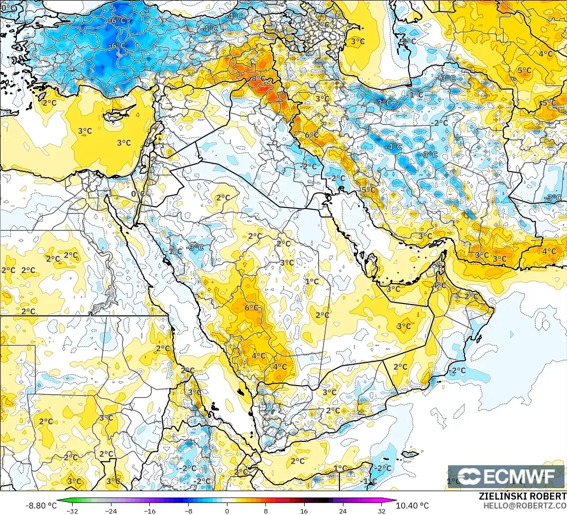 ECMWF IFS 0,25° modelo - Oriente Médio, Anomalia de temperatura a 2 m