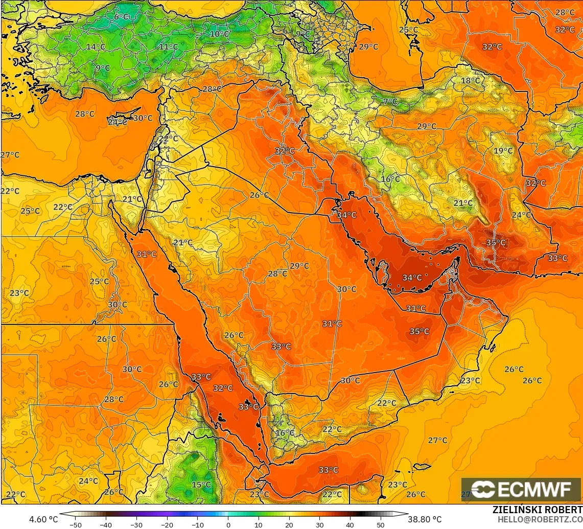 ECMWF IFS 0,25° modelo - Oriente Médio, Temperatura a 2 m