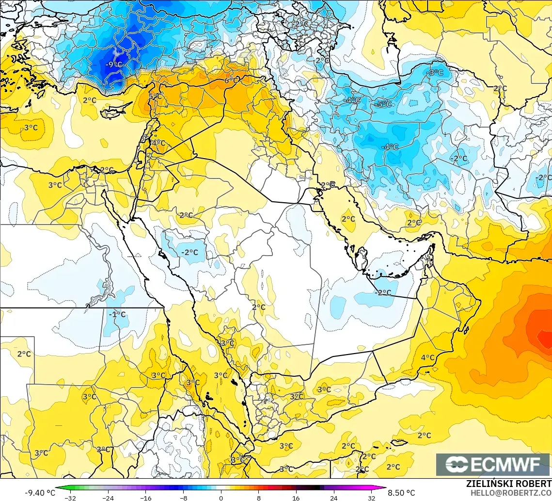 ECMWF IFS 0,25° modelo - Oriente Médio, Anomalia de temperatura a 850 hPa