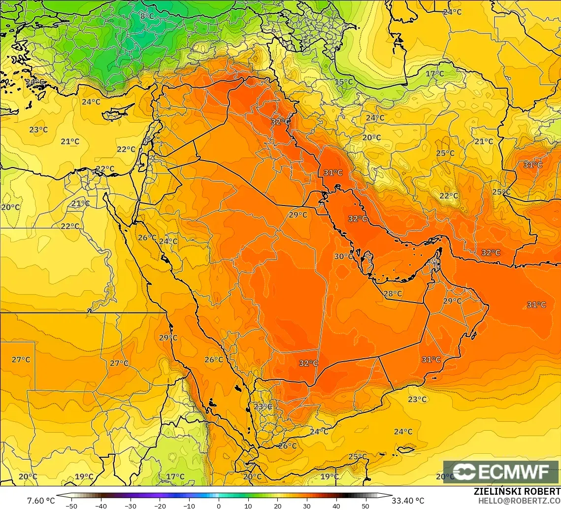 ECMWF IFS 0,25° modelo - Oriente Médio, Temperatura a 850 hPa