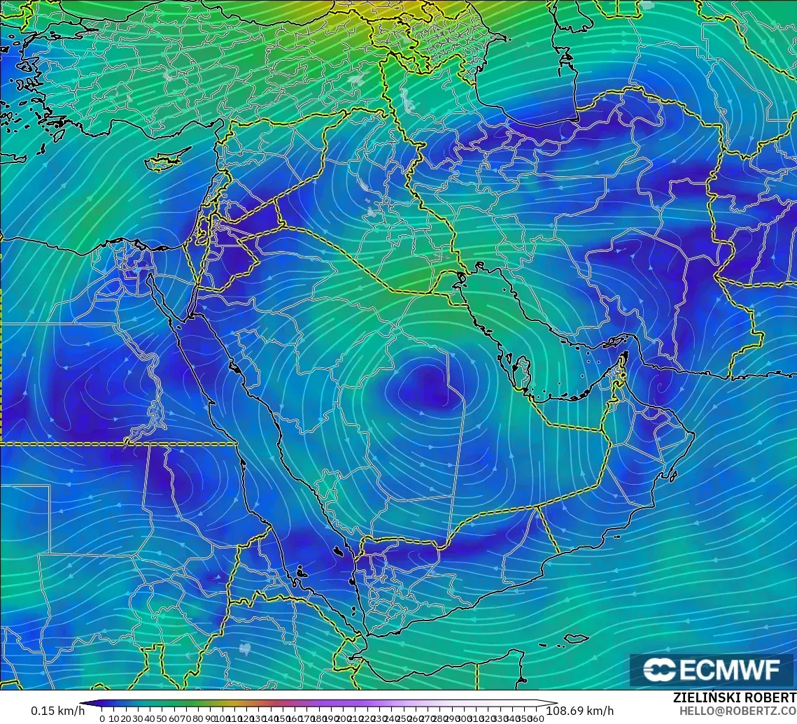 ECMWF IFS 0,25° modelo - Oriente Médio, Vento a 300 hPa (corrente em jato)