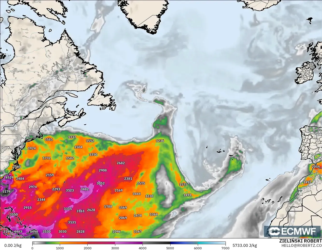 ECMWF IFS 0,25° modelo - Atlântico Norte, CAPE