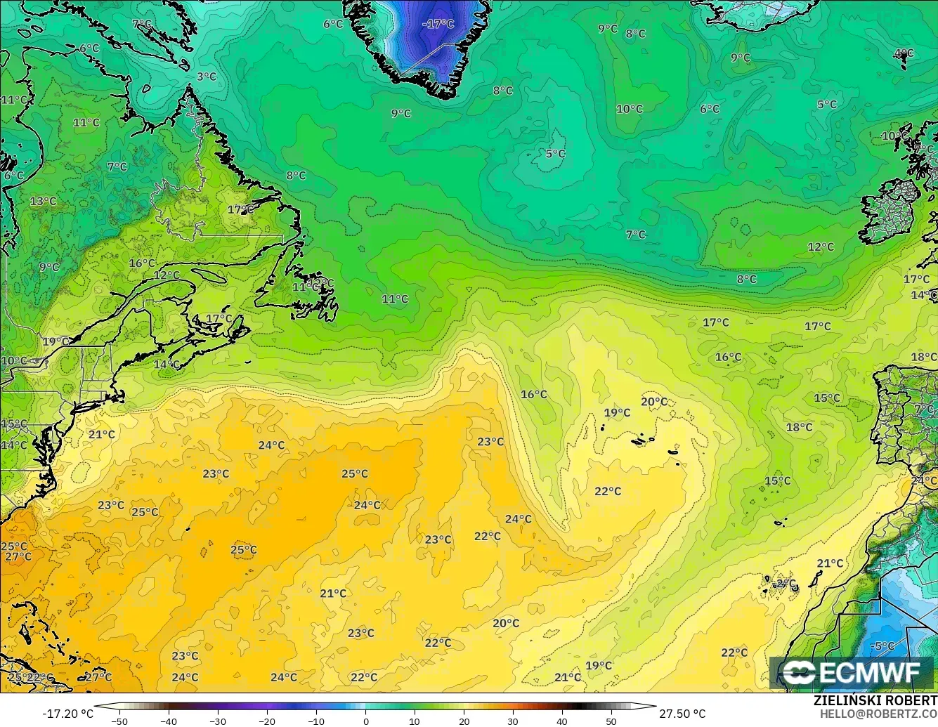 ECMWF IFS 0,25° modelo - Atlântico Norte, Ponto de orvalho a 2 m