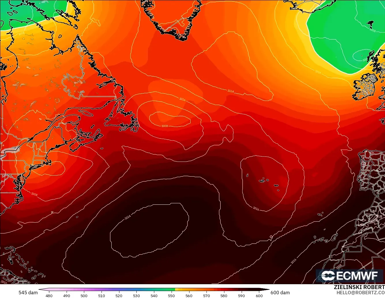 ECMWF IFS 0,25° modelo - Atlântico Norte, Altura geopotencial a 500 hPa