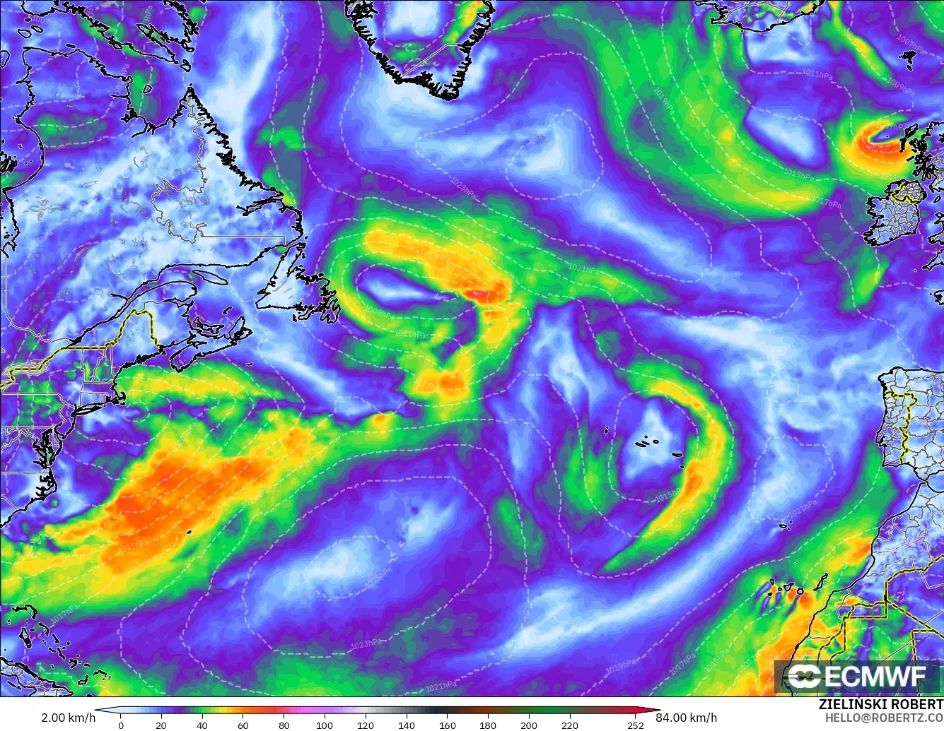 ECMWF IFS 0,25° modelo - Atlântico Norte, Rajadas de Vento Máximas