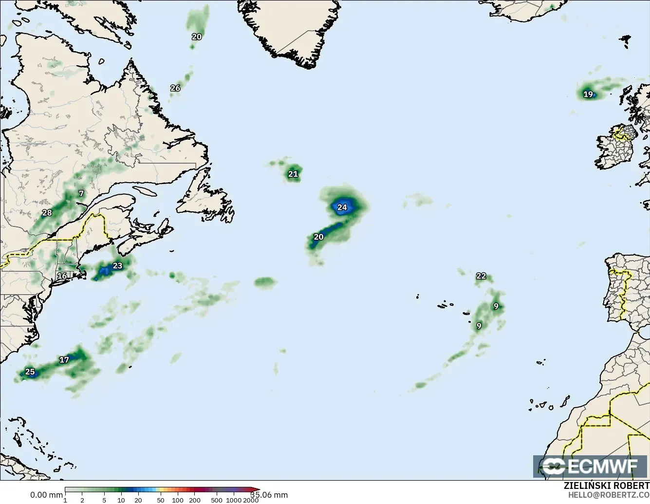 ECMWF IFS 0,25° modelo - Atlântico Norte, Acúmulo de precipitação