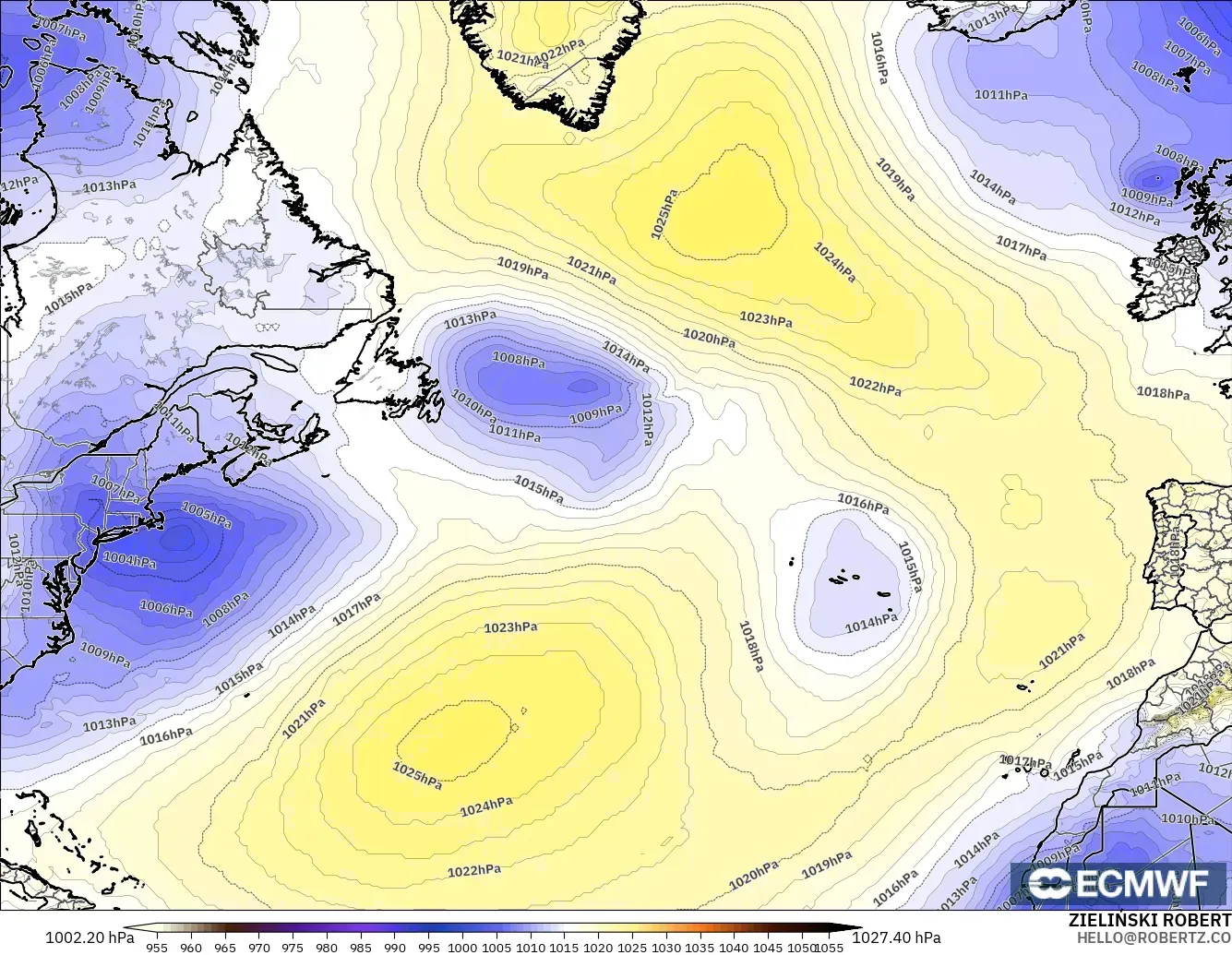 ECMWF IFS 0,25° modelo - Atlântico Norte, Pressão