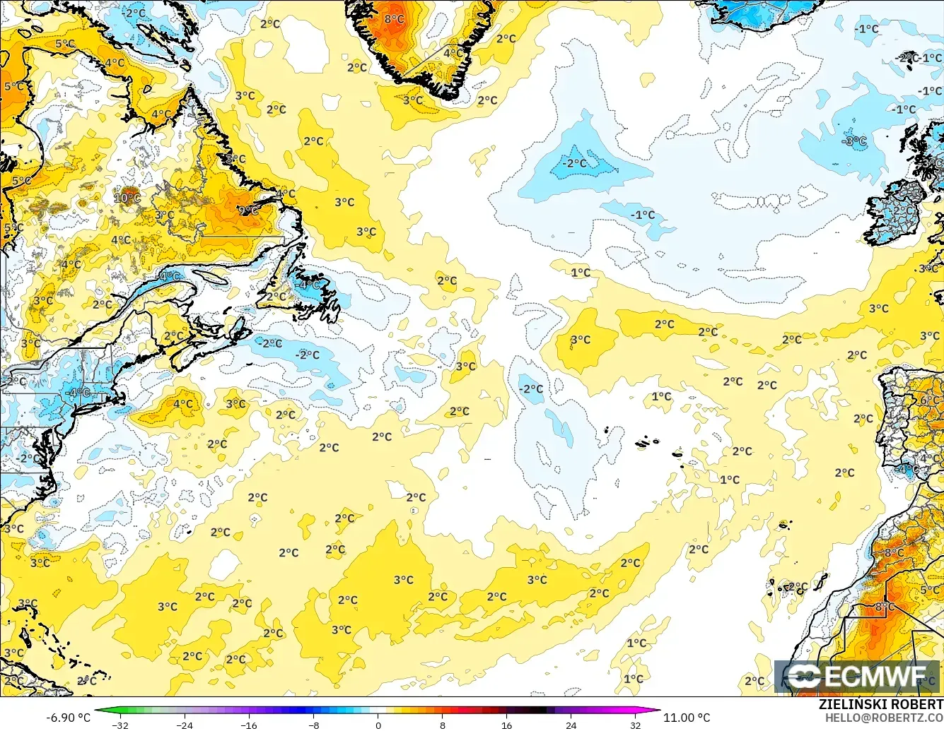 ECMWF IFS 0,25° modelo - Atlântico Norte, Anomalia de temperatura a 2 m