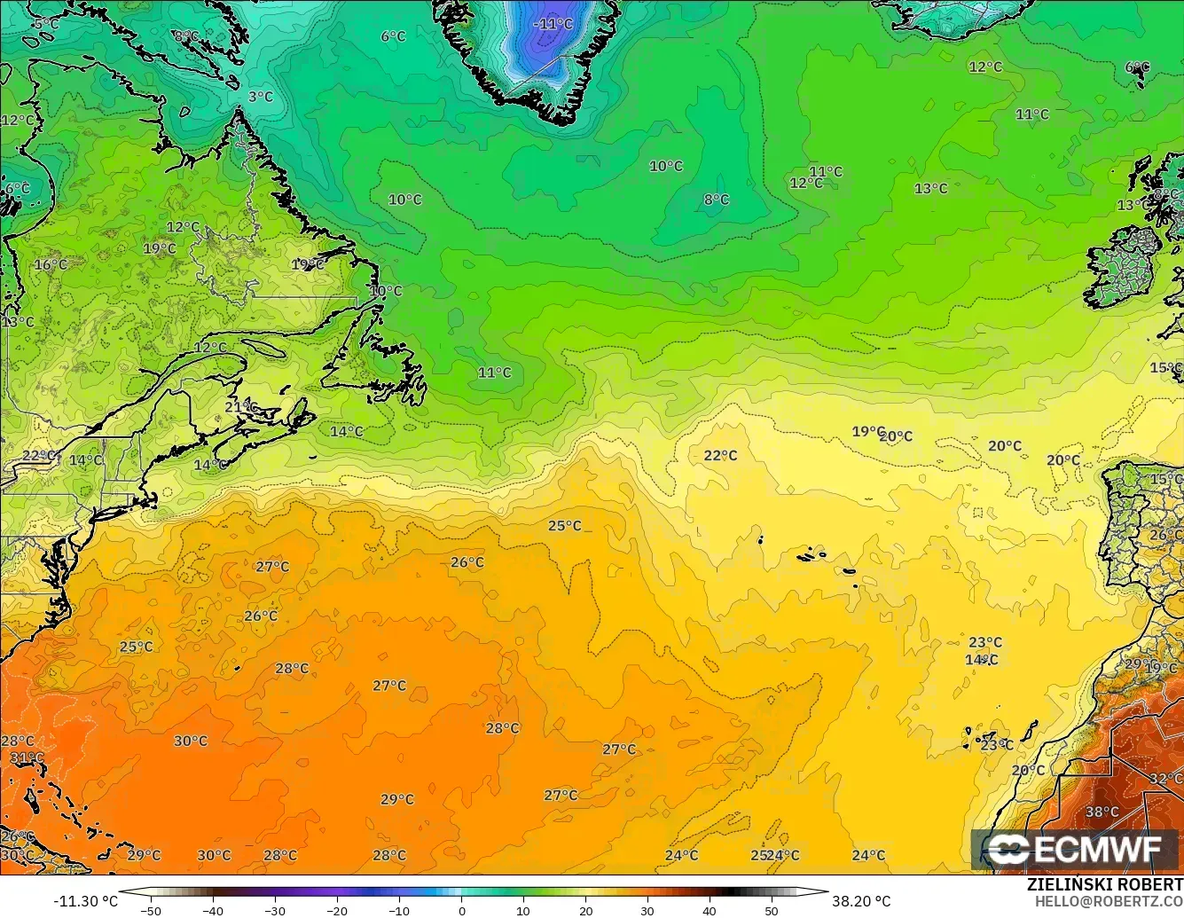 ECMWF IFS 0,25° modelo - Atlântico Norte, Temperatura a 2 m