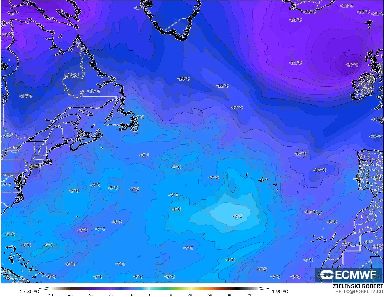 ECMWF IFS 0,25° modelo - Atlântico Norte, Temperatura a 500 hPa