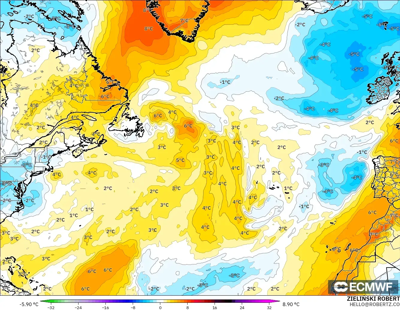 ECMWF IFS 0,25° modelo - Atlântico Norte, Anomalia de temperatura a 850 hPa