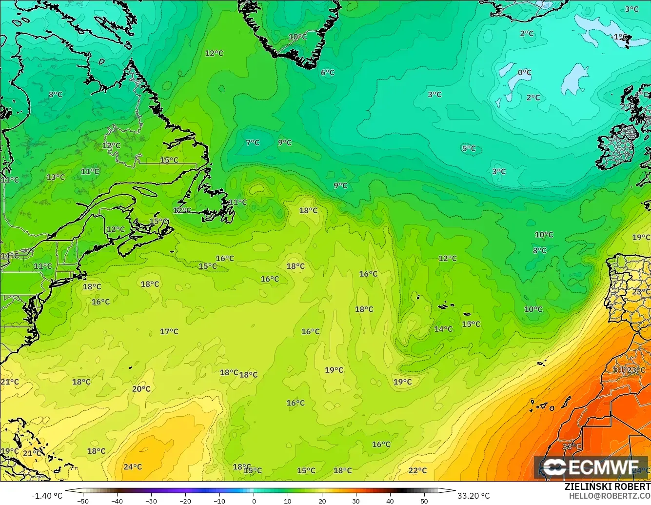 ECMWF IFS 0,25° modelo - Atlântico Norte, Temperatura a 850 hPa
