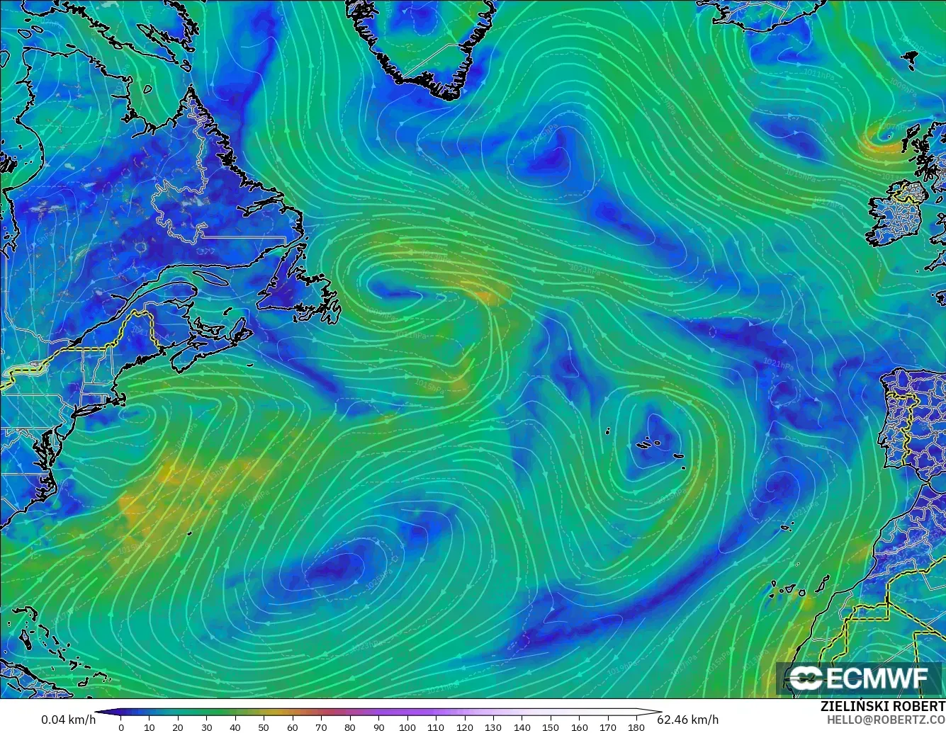 ECMWF IFS 0,25° modelo - Atlântico Norte, Vento a 10 m