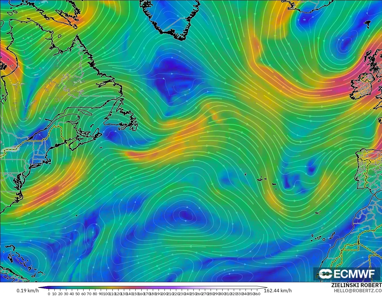 ECMWF IFS 0,25° modelo - Atlântico Norte, Vento a 300 hPa (corrente em jato)