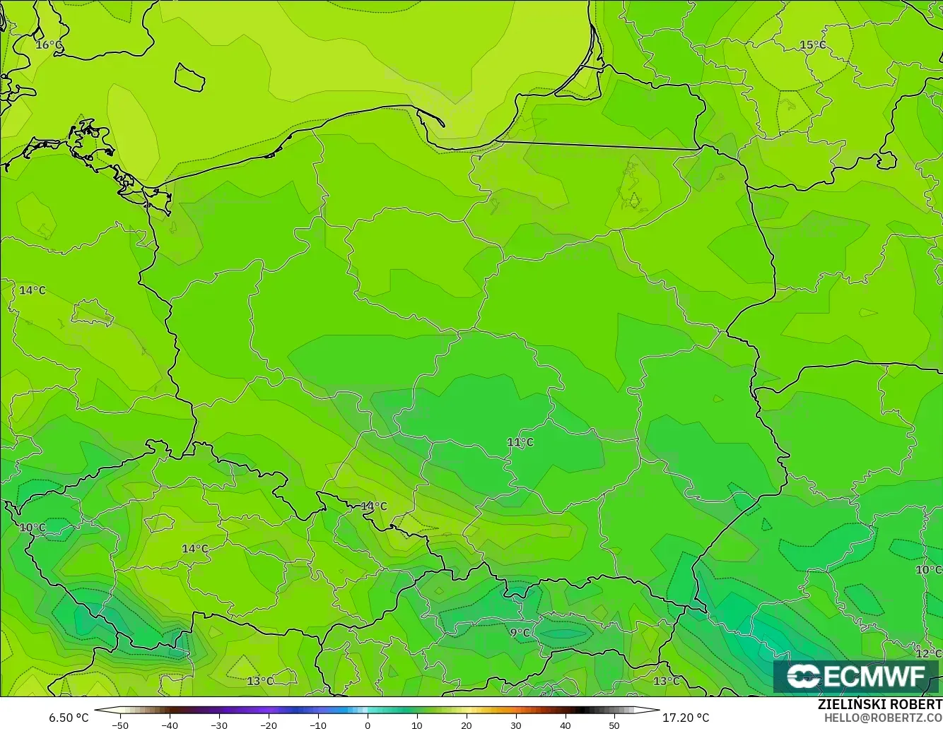 ECMWF IFS 0,25° modelo - Polônia, Ponto de orvalho a 2 m