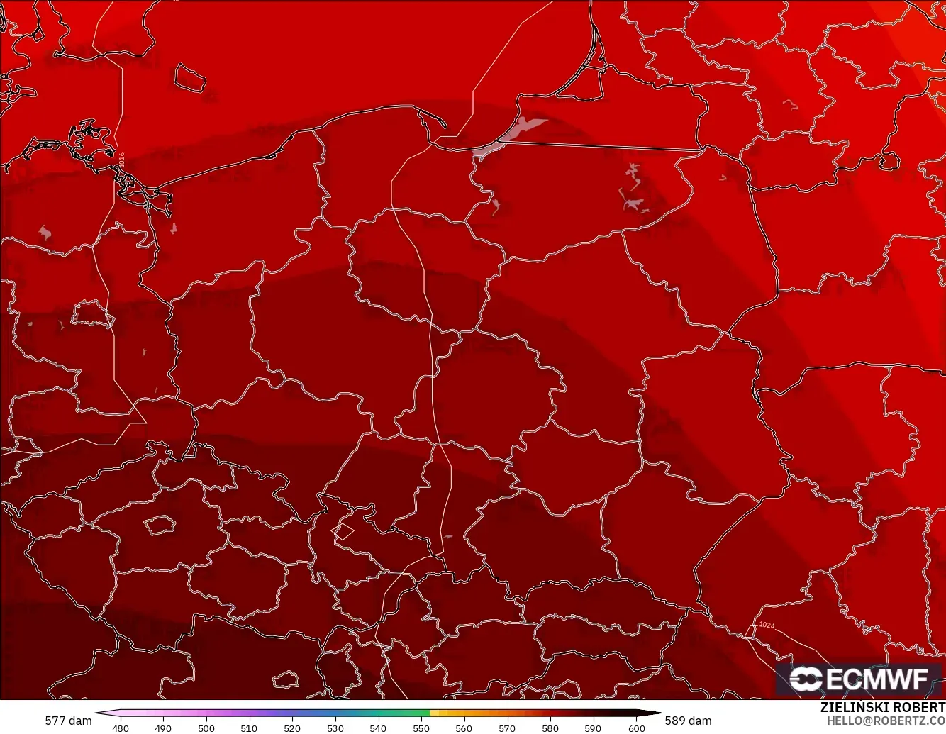 ECMWF IFS 0,25° modelo - Polônia, Altura geopotencial a 500 hPa