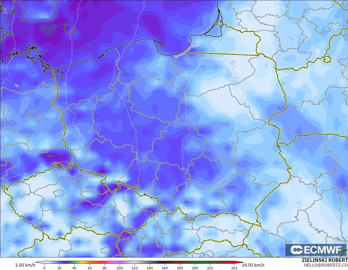 ECMWF IFS 0,25° modelo - Polônia, Rajadas de vento