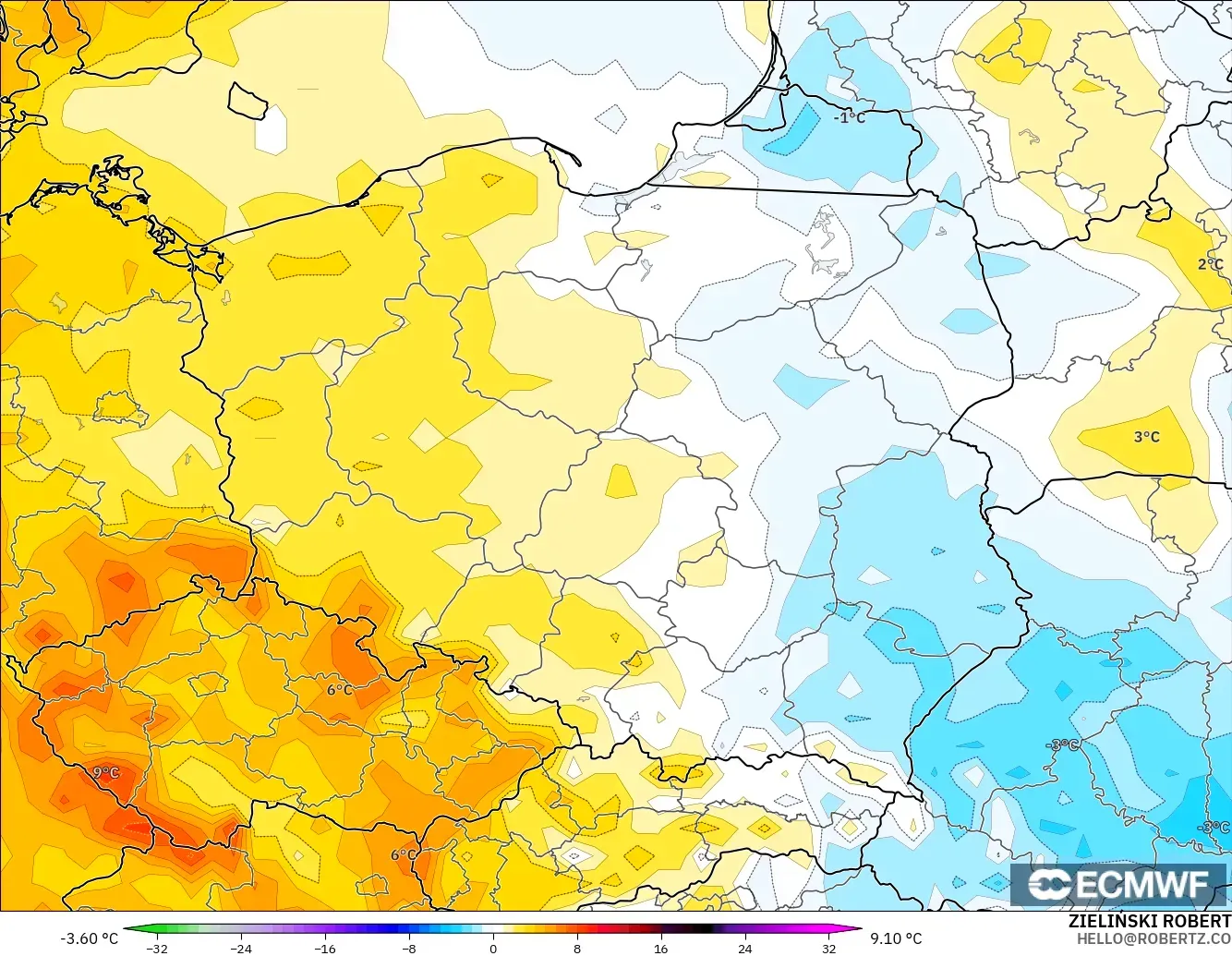 ECMWF IFS 0,25° modelo - Polônia, Anomalia de temperatura a 2 m