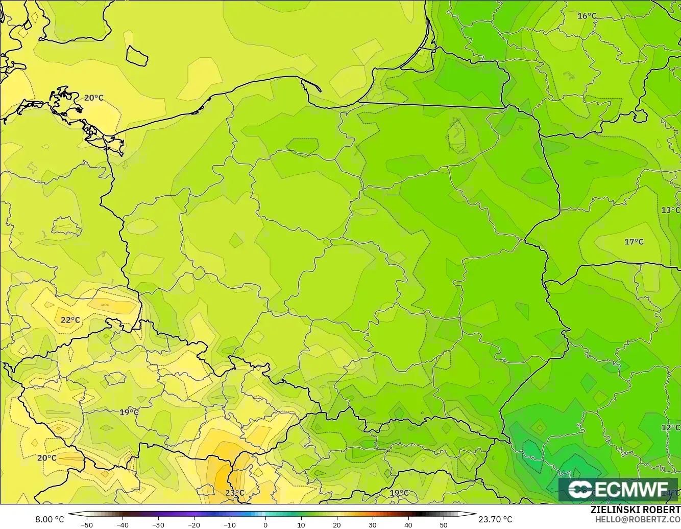 ECMWF IFS 0,25° modelo - Polônia, Temperatura a 2 m
