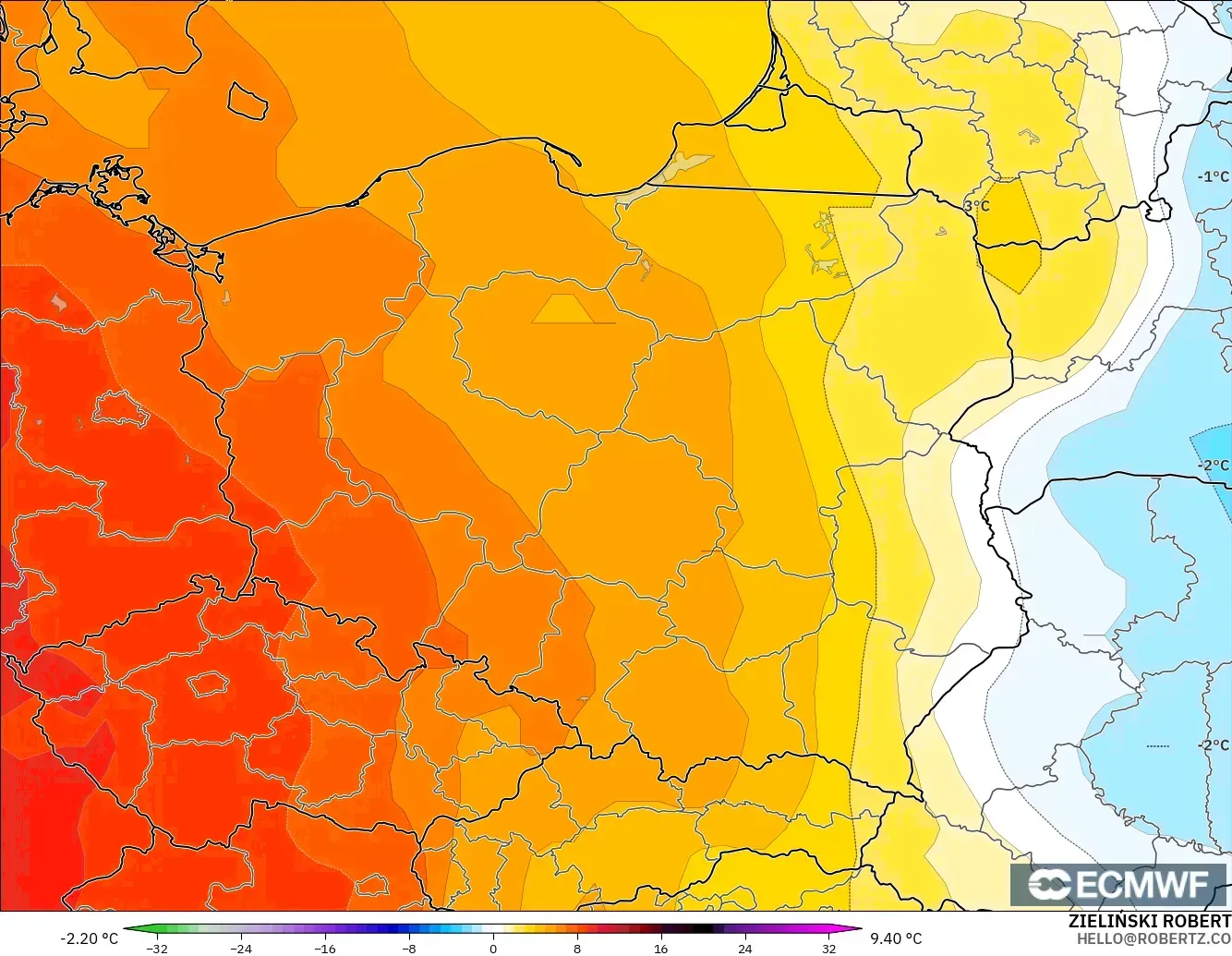 ECMWF IFS 0,25° modelo - Polônia, Anomalia de temperatura a 850 hPa