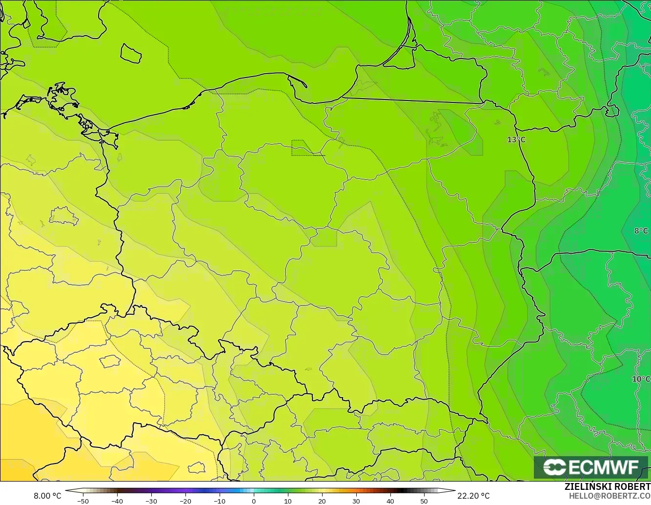 ECMWF IFS 0,25° modelo - Polônia, Temperatura a 850 hPa
