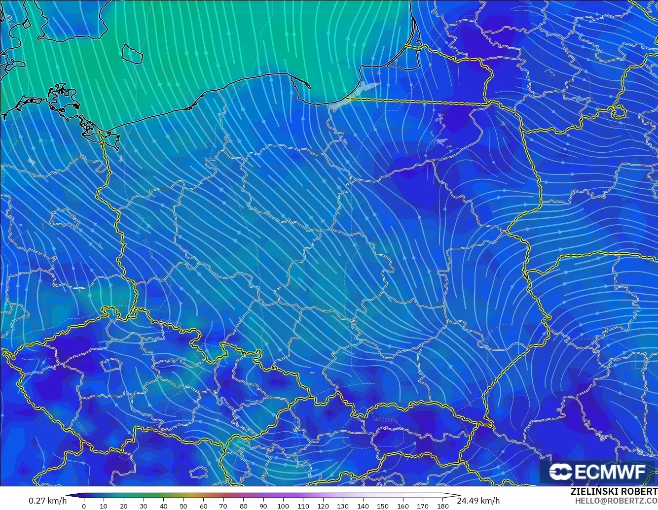 ECMWF IFS 0,25° modelo - Polônia, Vento a 10 m