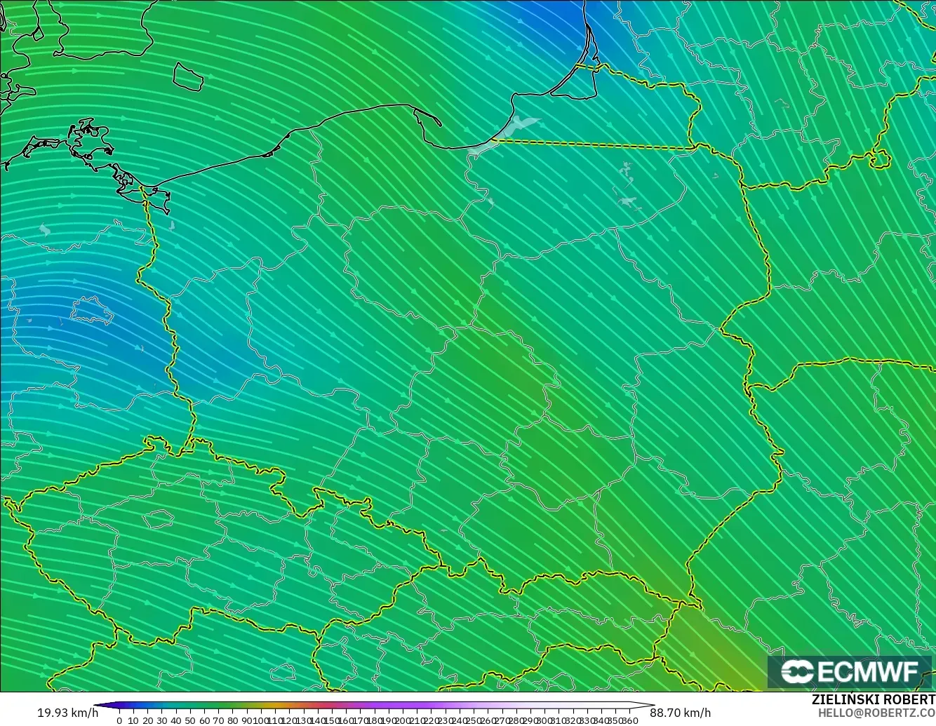 ECMWF IFS 0,25° modelo - Polônia, Vento a 300 hPa (corrente em jato)