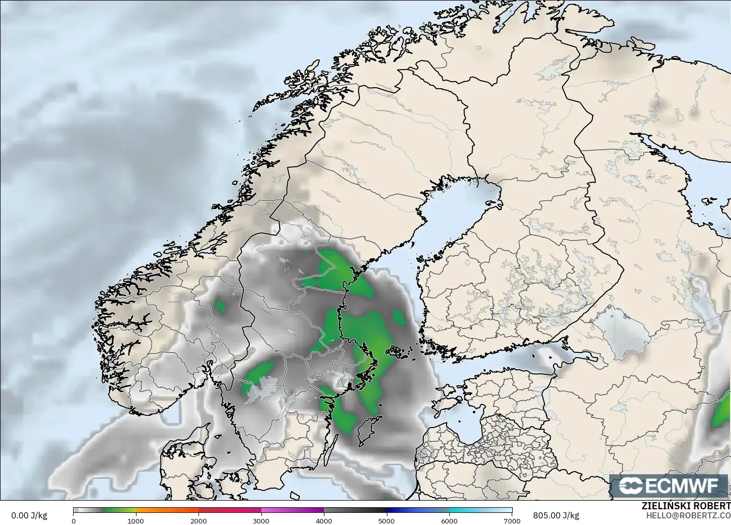ECMWF IFS 0,25° modelo - Escandinávia, CAPE