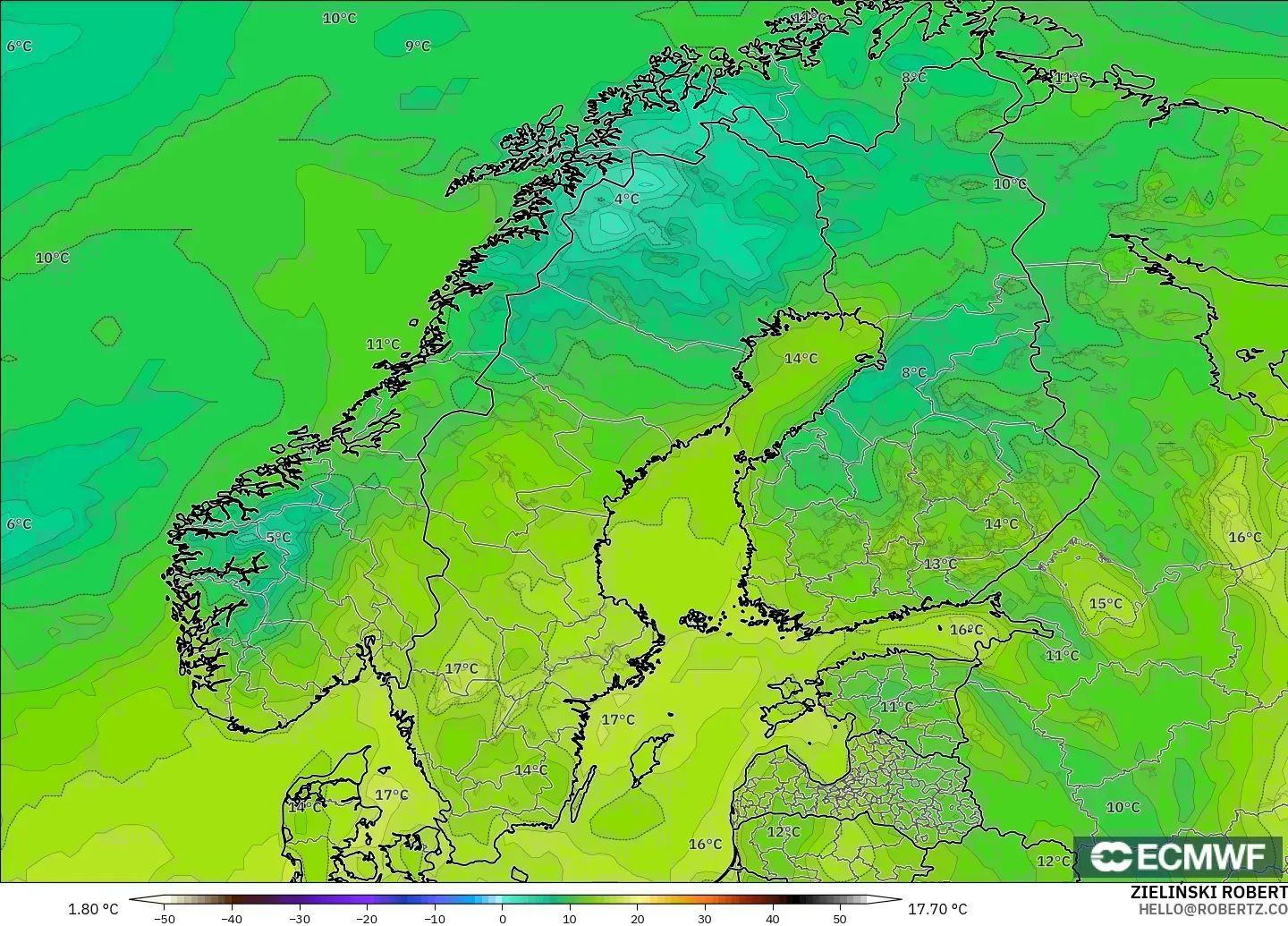 ECMWF IFS 0,25° modelo - Escandinávia, Ponto de orvalho a 2 m