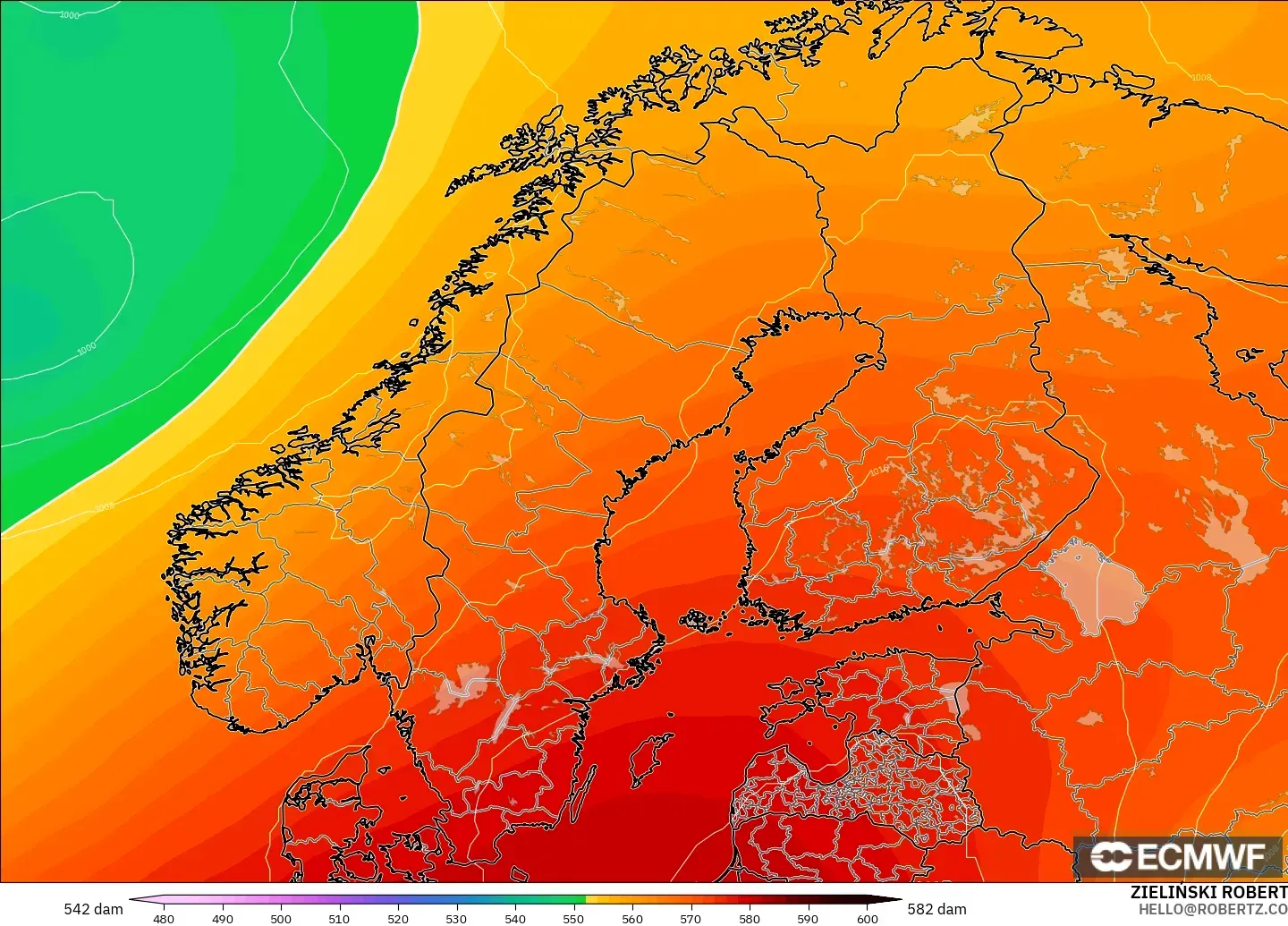ECMWF IFS 0,25° modelo - Escandinávia, Altura geopotencial a 500 hPa