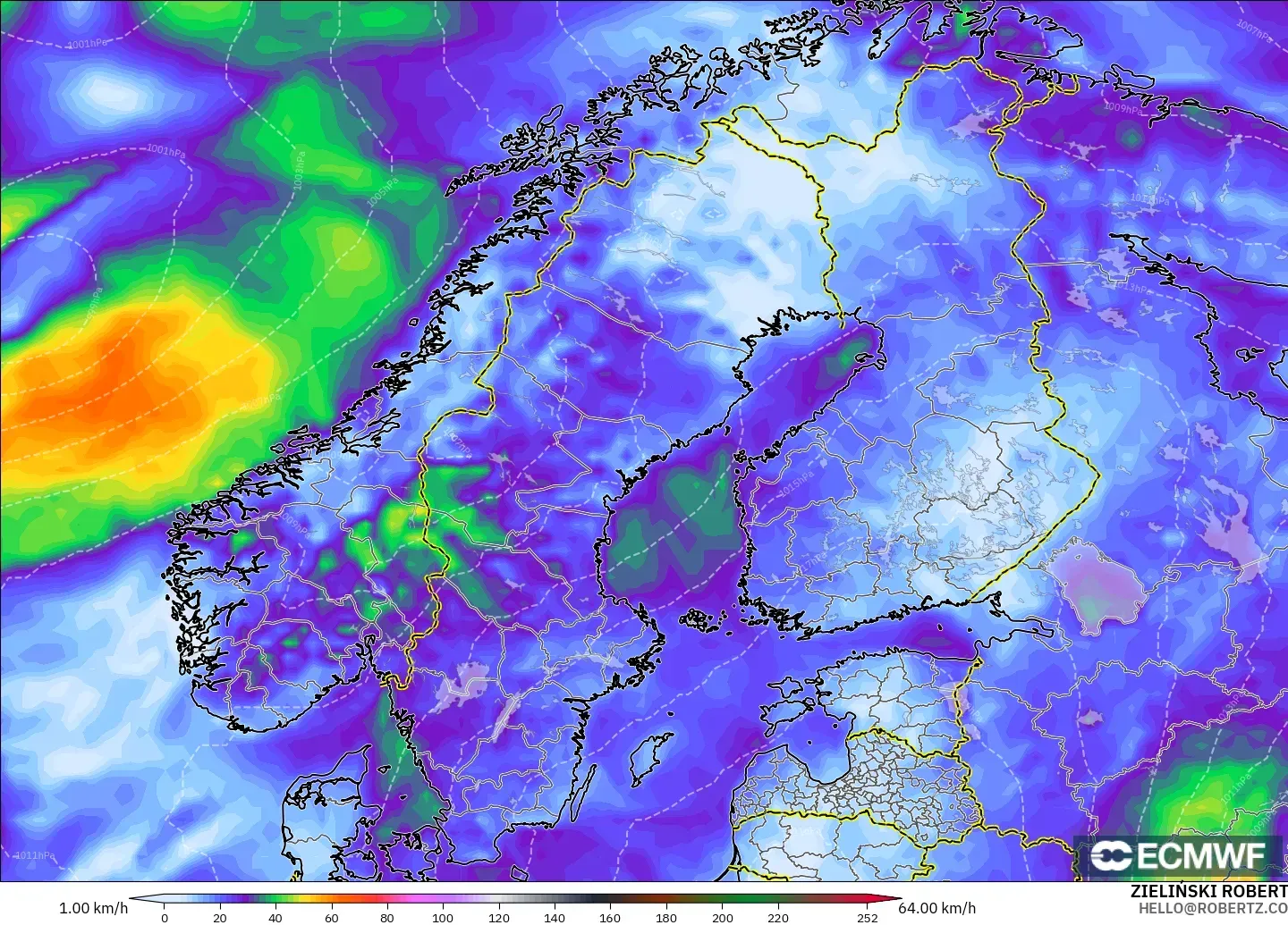 ECMWF IFS 0,25° modelo - Escandinávia, Rajadas de vento