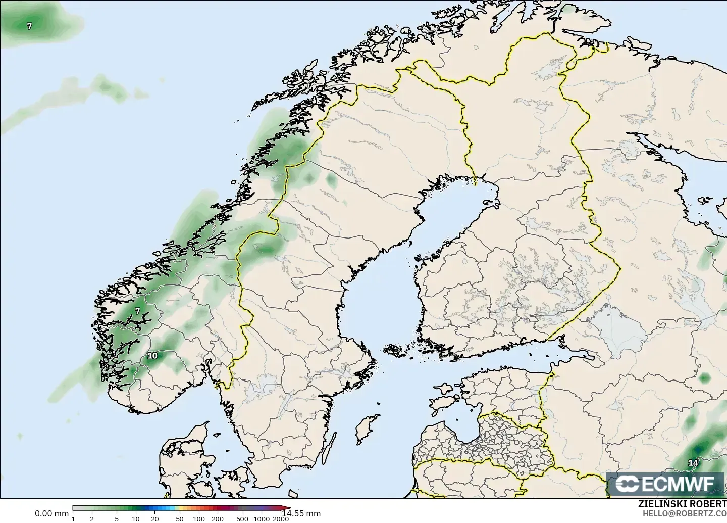 ECMWF IFS 0,25° modelo - Escandinávia, Acúmulo de precipitação