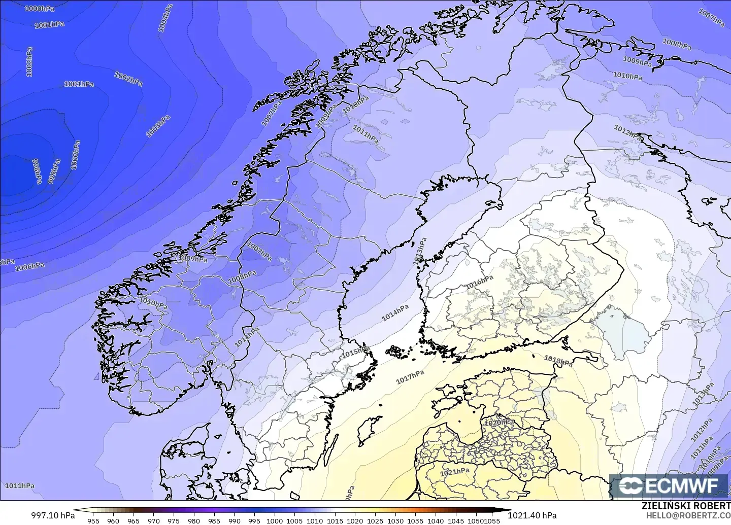 ECMWF IFS 0,25° modelo - Escandinávia, Pressão