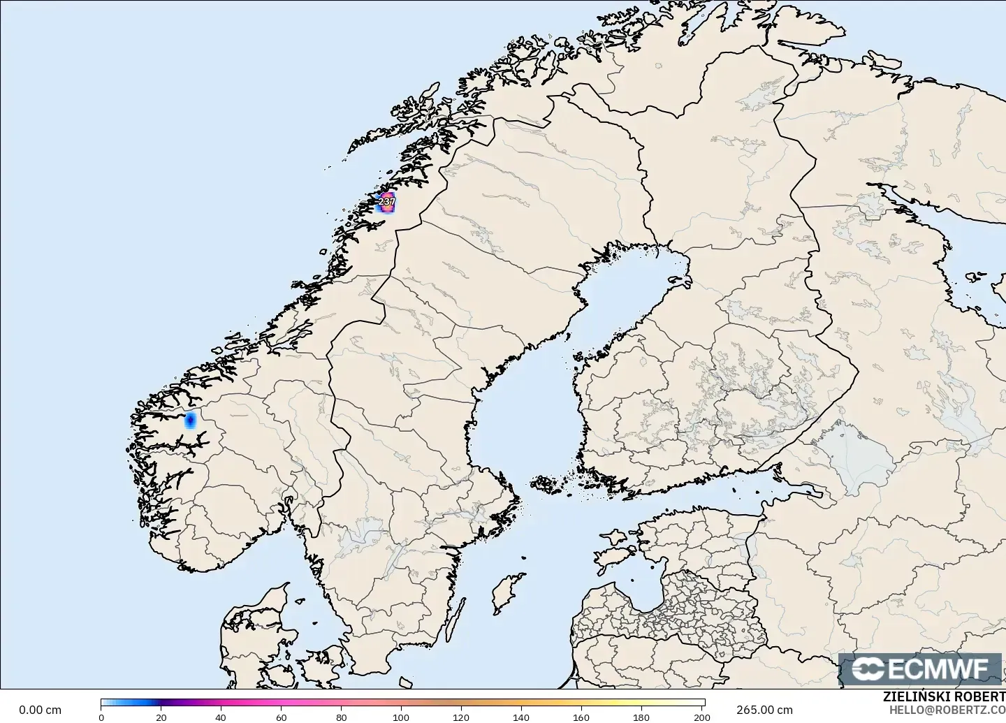 ECMWF IFS 0,25° modelo - Escandinávia, Profundidade da neve