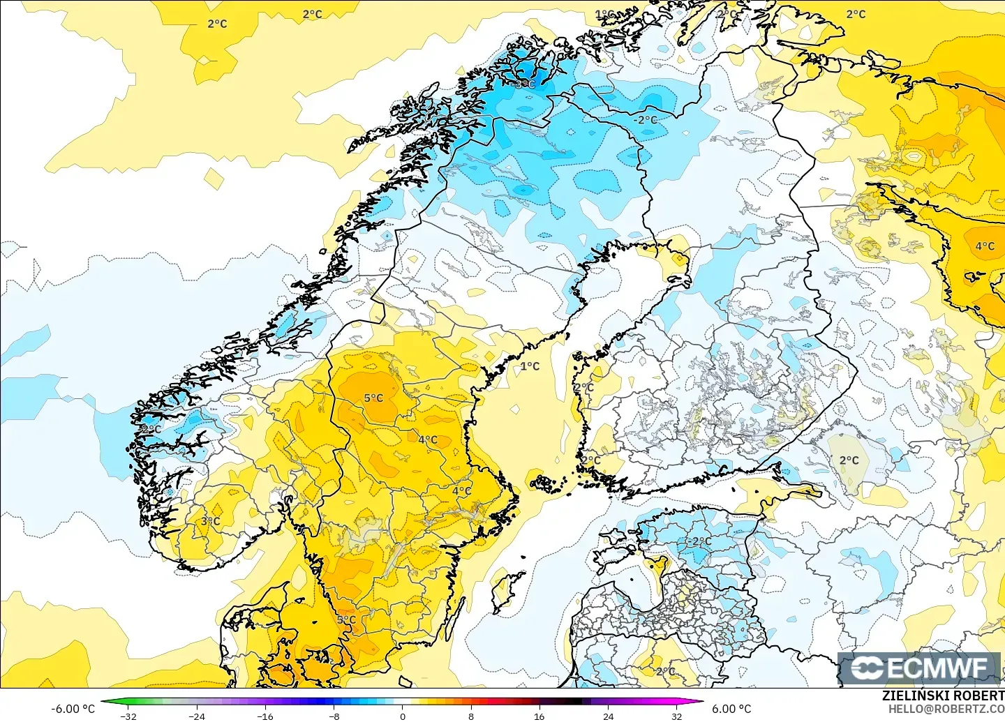 ECMWF IFS 0,25° modelo - Escandinávia, Anomalia de temperatura a 2 m