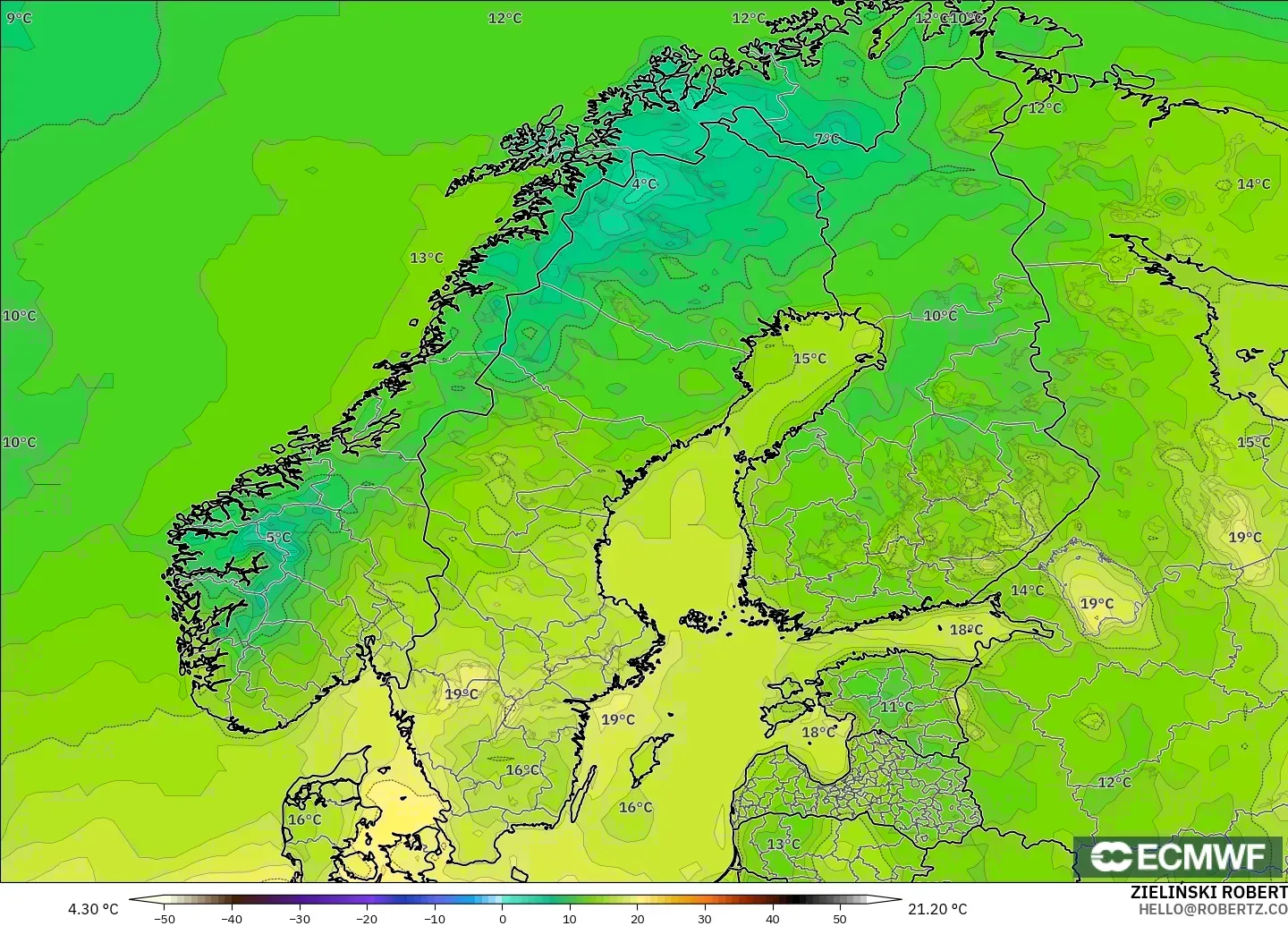 ECMWF IFS 0,25° modelo - Escandinávia, Temperatura a 2 m