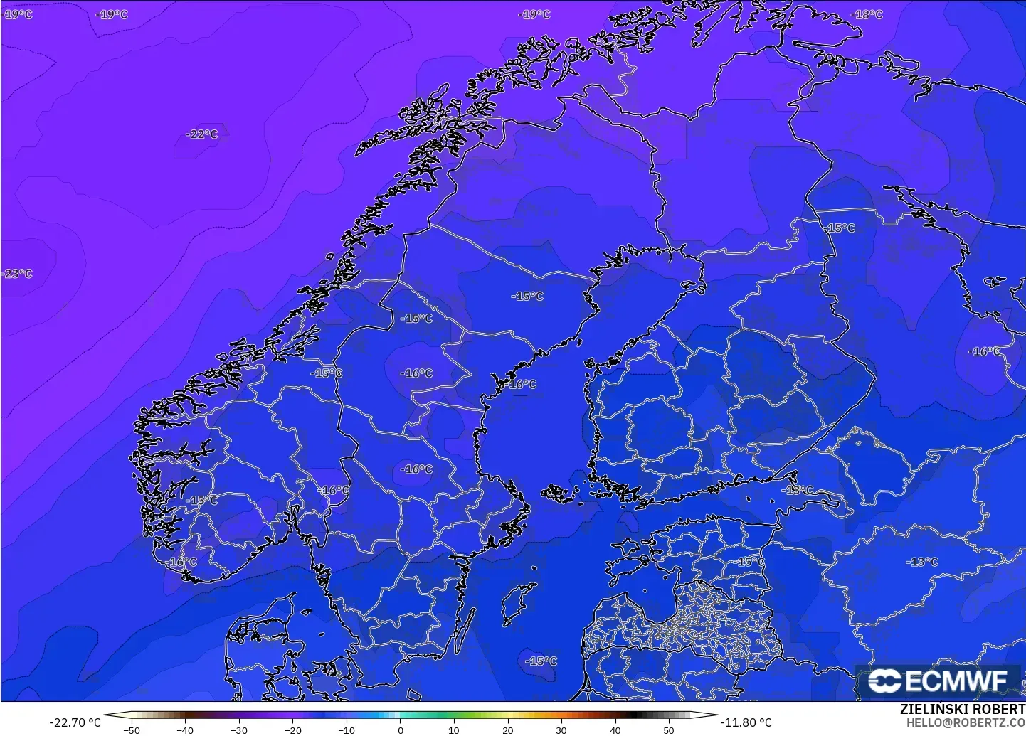 ECMWF IFS 0,25° modelo - Escandinávia, Temperatura a 500 hPa