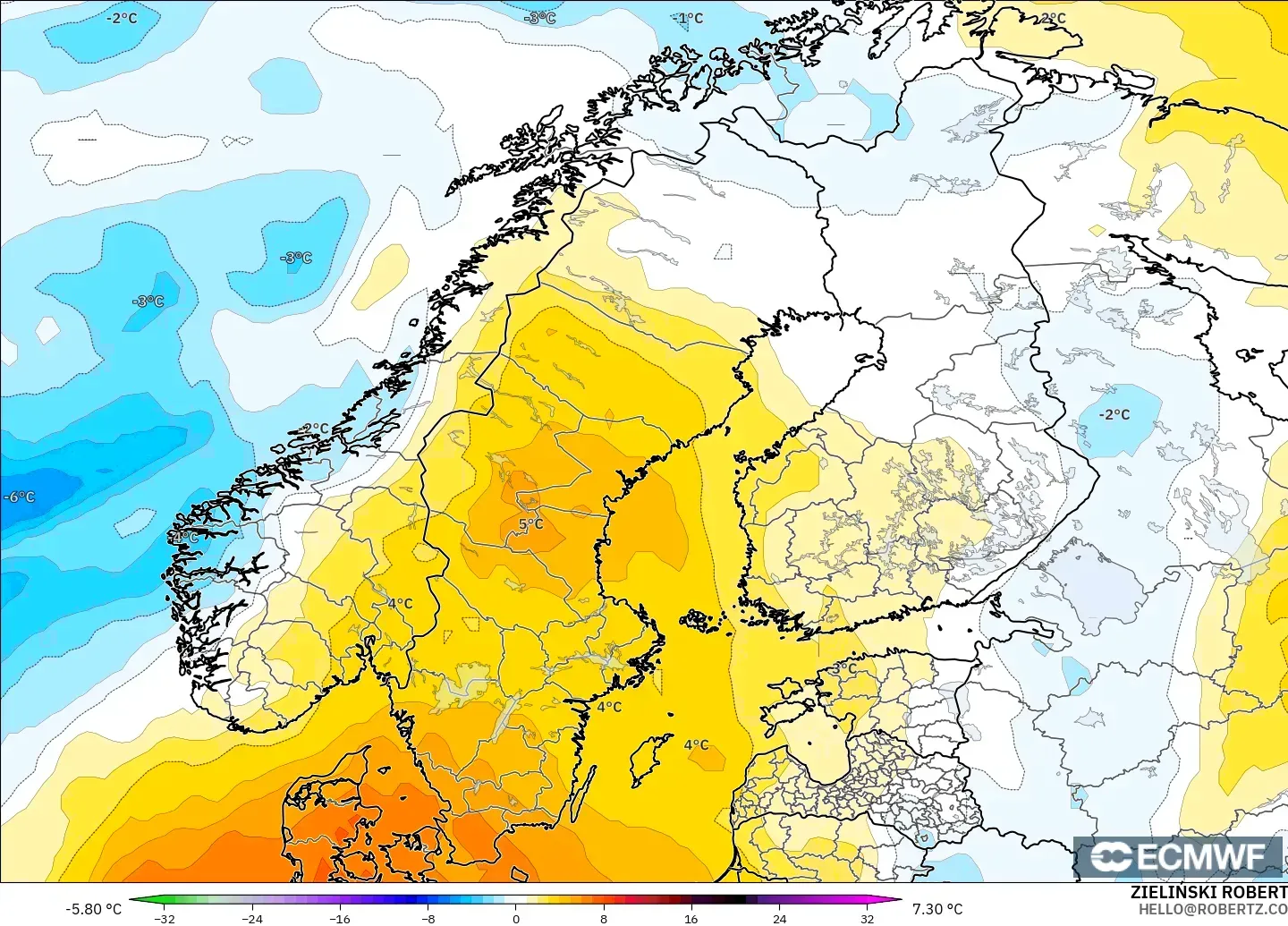 ECMWF IFS 0,25° modelo - Escandinávia, Anomalia de temperatura a 850 hPa