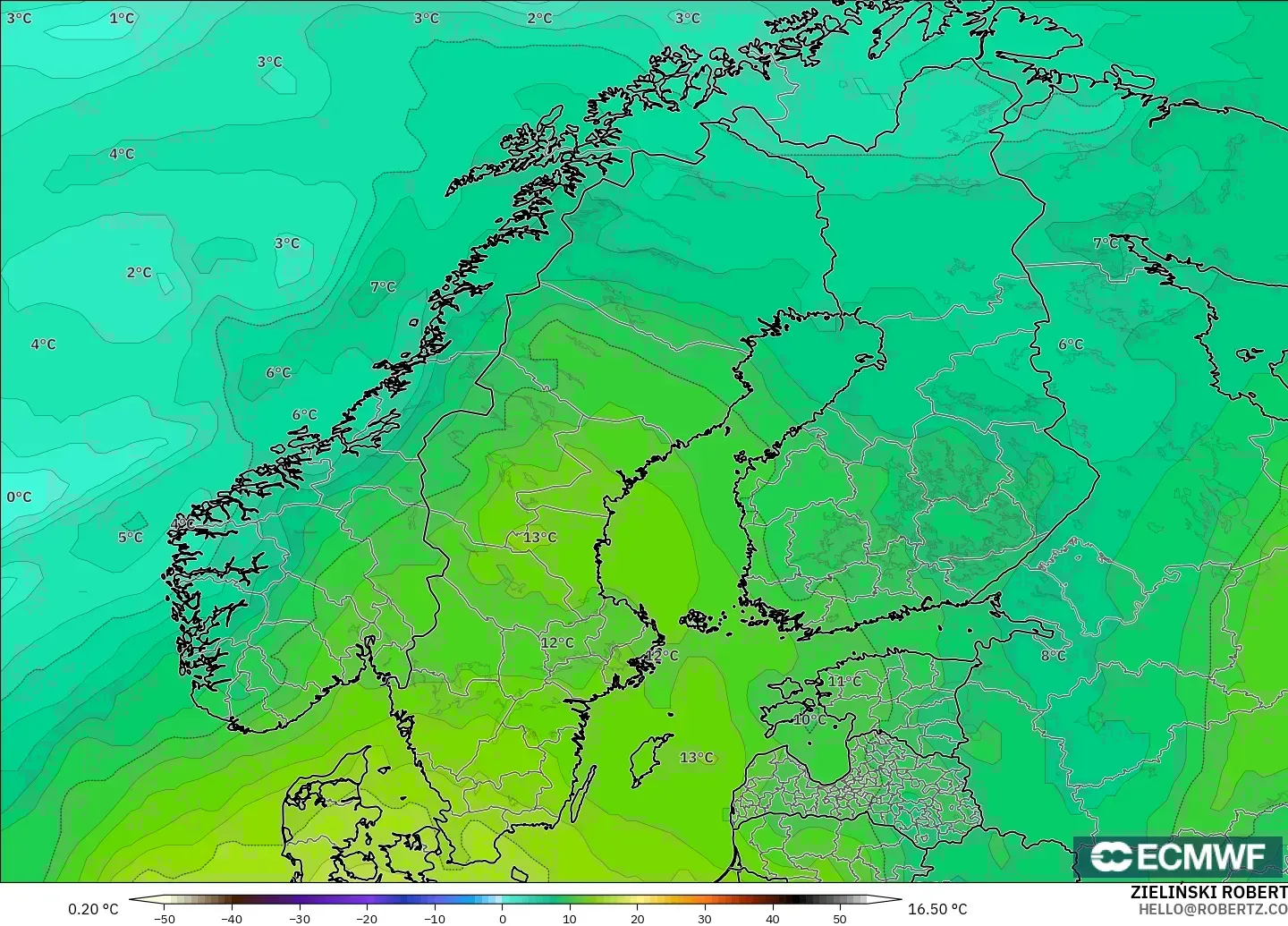 ECMWF IFS 0,25° modelo - Escandinávia, Temperatura a 850 hPa