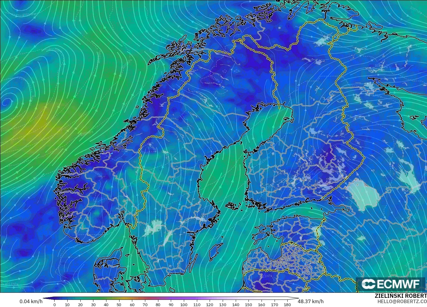 ECMWF IFS 0,25° modelo - Escandinávia, Vento a 10 m