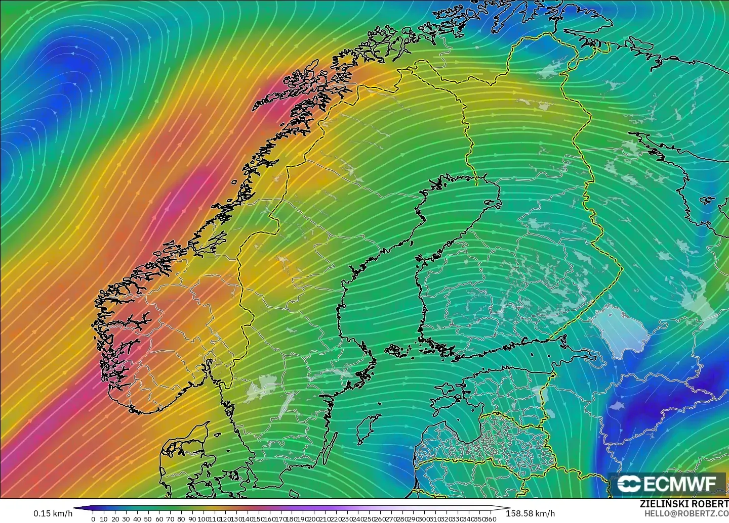 ECMWF IFS 0,25° modelo - Escandinávia, Vento a 300 hPa (corrente em jato)