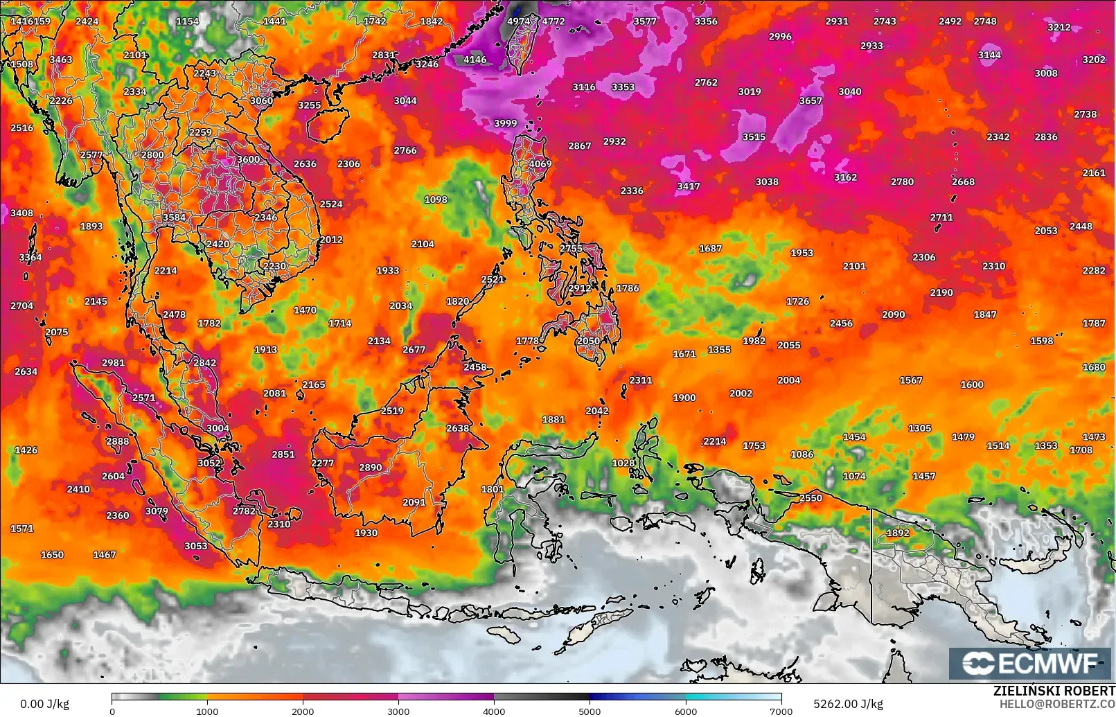 ECMWF IFS 0,25° modelo - Sudeste Asiático, CAPE