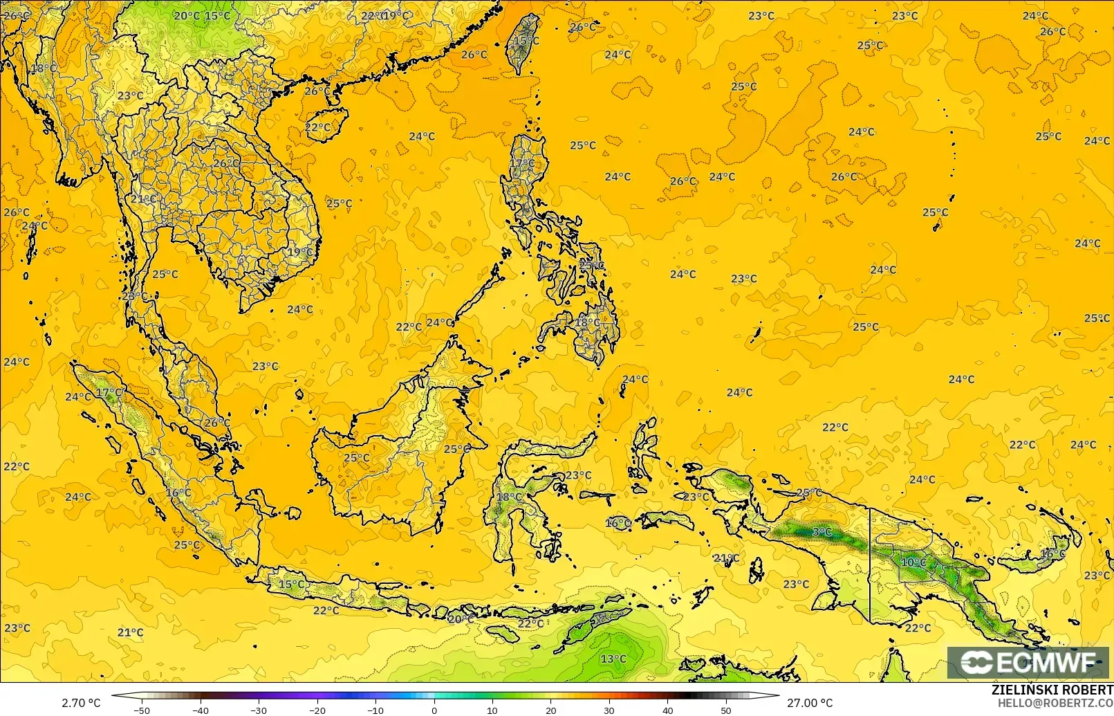 ECMWF IFS 0,25° modelo - Sudeste Asiático, Ponto de orvalho a 2 m
