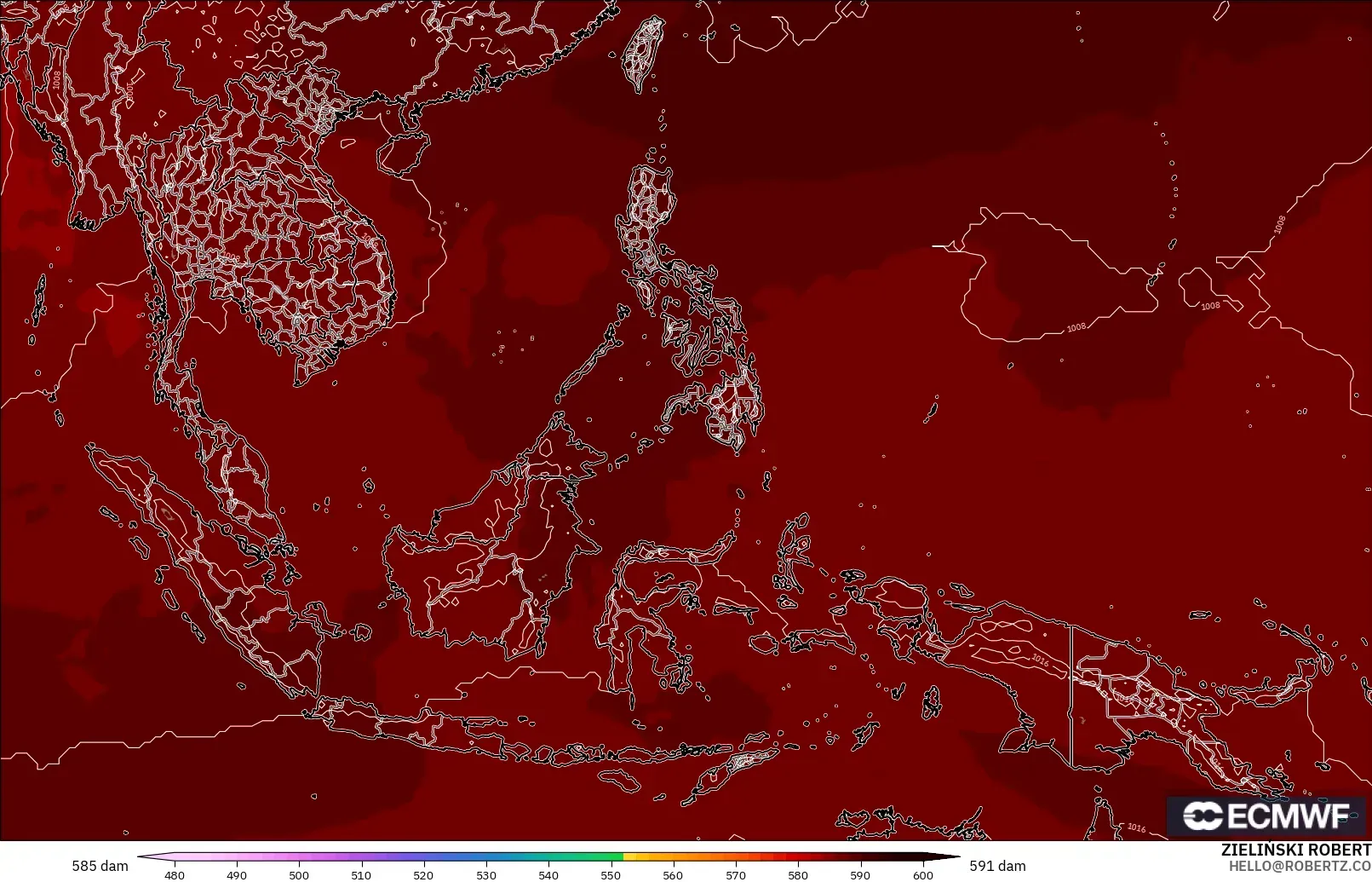 ECMWF IFS 0,25° modelo - Sudeste Asiático, Altura geopotencial a 500 hPa
