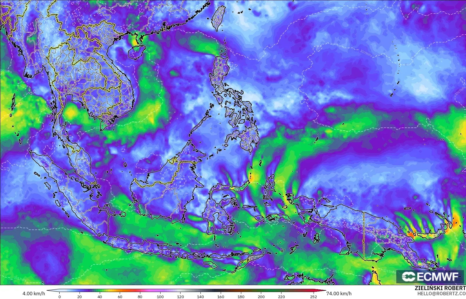 ECMWF IFS 0,25° modelo - Sudeste Asiático, Rajadas de vento