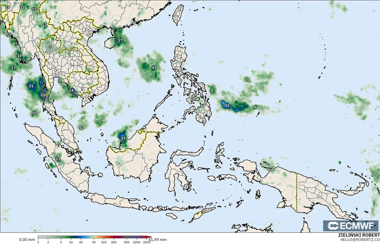 ECMWF IFS 0,25° modelo - Sudeste Asiático, Acúmulo de precipitação