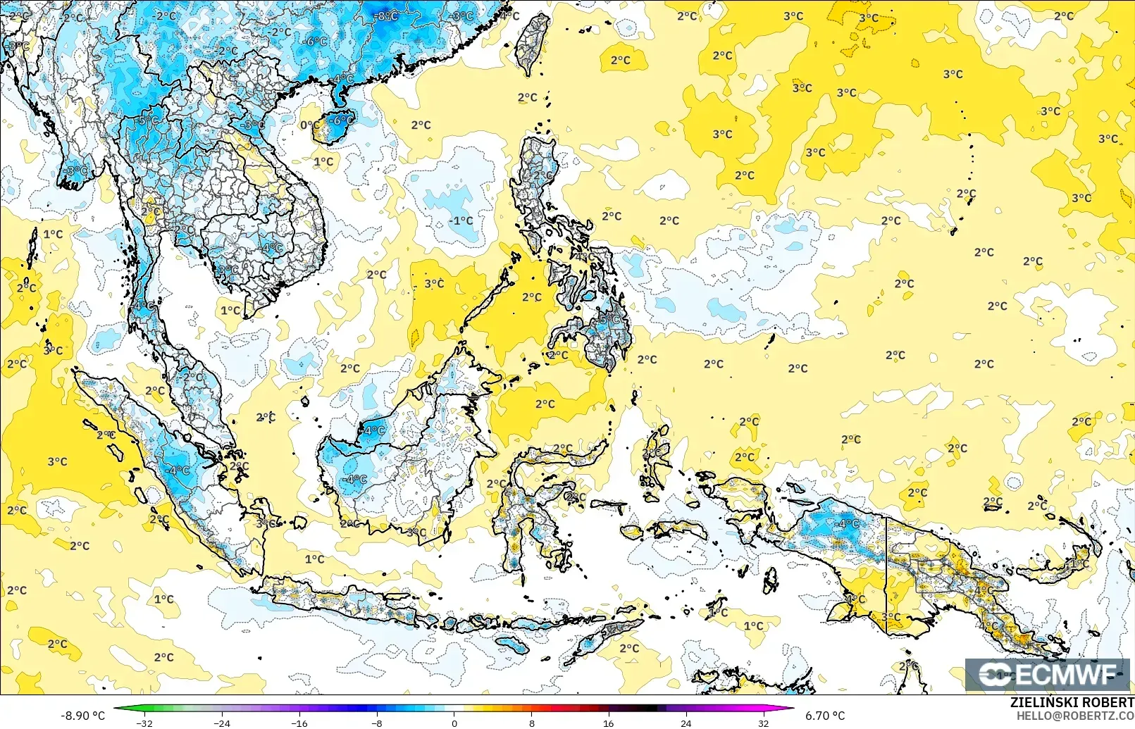 ECMWF IFS 0,25° modelo - Sudeste Asiático, Anomalia de temperatura a 2 m